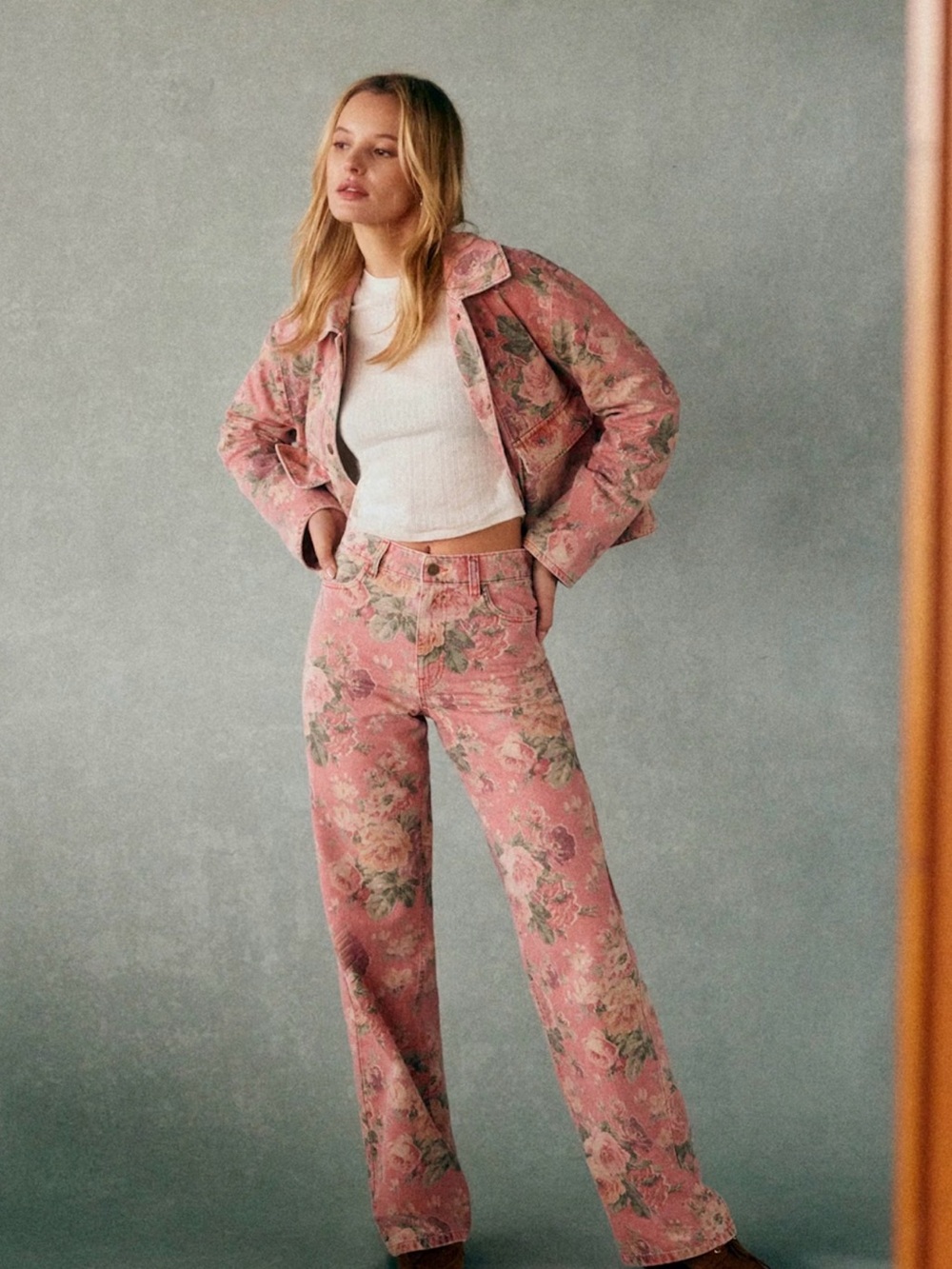 Sezane Floral Pink High-Rise Wide Leg Jeans almeria print